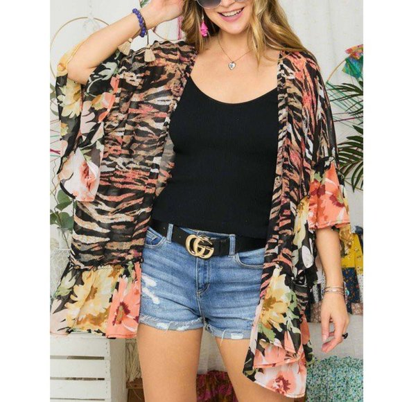 Floral & Zebra Kimono with Ruffle Sleeve & Hem - Picture 5 of 6